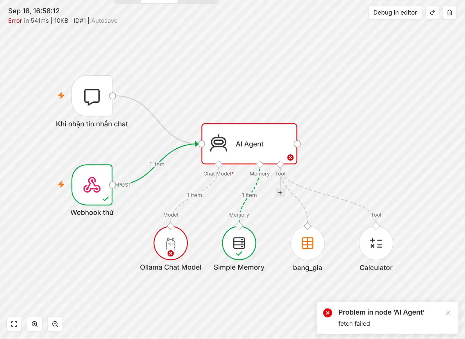 Màn hình Executions của n8n, lần chạy #1 báo Error in 541ms: node Ollama Chat Model và AI Agent viền đỏ có dấu X, Simple Memory và Webhook thử có dấu tích xanh, góc phải có thông báo Problem in node 'AI Agent' fetch failed.