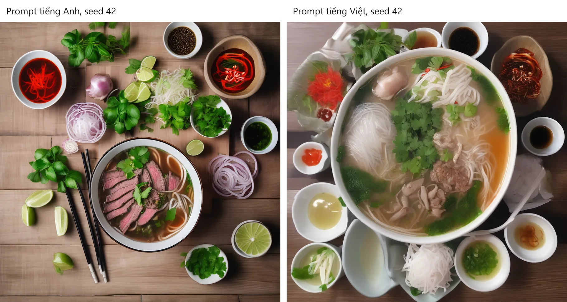 Hai ảnh do Stable Diffusion XL tạo cạnh nhau, cùng seed 42. Bên trái, prompt tiếng Anh: bát phở có thịt bò thái lát, rau thơm, chanh cắt lát, đũa trên bàn gỗ. Bên phải, prompt tiếng Việt: bát bún nước to với rau thơm, không thấy rõ thịt bò thái lát, không có lát chanh trong bát, nhiều chén nước chấm xung quanh.