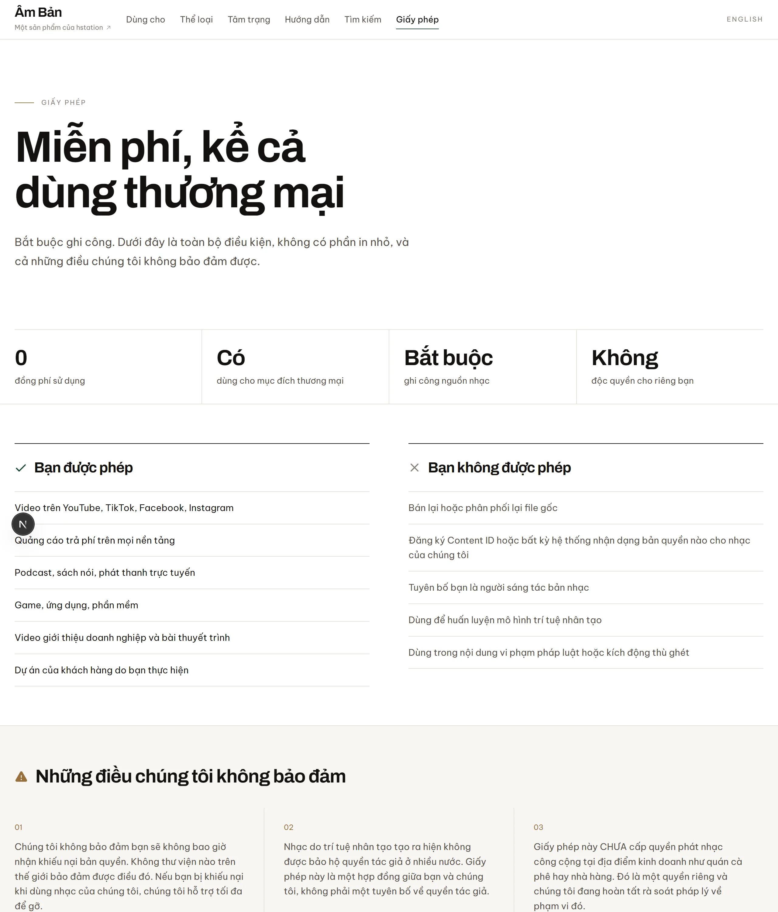 Trang giấy phép của Âm Bản, mục "Những điều tôi không bảo đảm" nêu ba điều: không bảo đảm bạn sẽ không bao giờ nhận khiếu nại bản quyền; nhạc do trí tuệ nhân tạo tạo ra hiện không được bảo hộ quyền tác giả ở nhiều nước nên giấy phép là một hợp đồng giữa hai bên chứ không phải tuyên bố về quyền tác giả; và giấy phép chưa cấp quyền phát nhạc công cộng tại địa điểm kinh doanh.