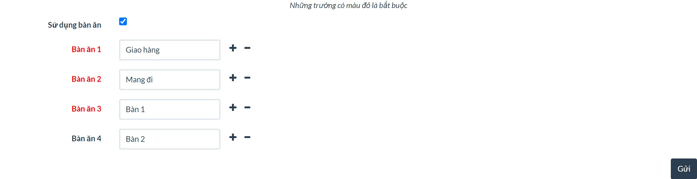 Tab Bàn ăn trong cấu hình OSPOS: ô Sử dụng bàn ăn đã tích, bốn dòng Bàn ăn 1 là Giao hàng, Bàn ăn 2 là Mang đi, Bàn ăn 3 là Bàn 1, Bàn ăn 4 là Bàn 2, mỗi dòng có dấu cộng và dấu trừ, nút Gửi ở góc phải.