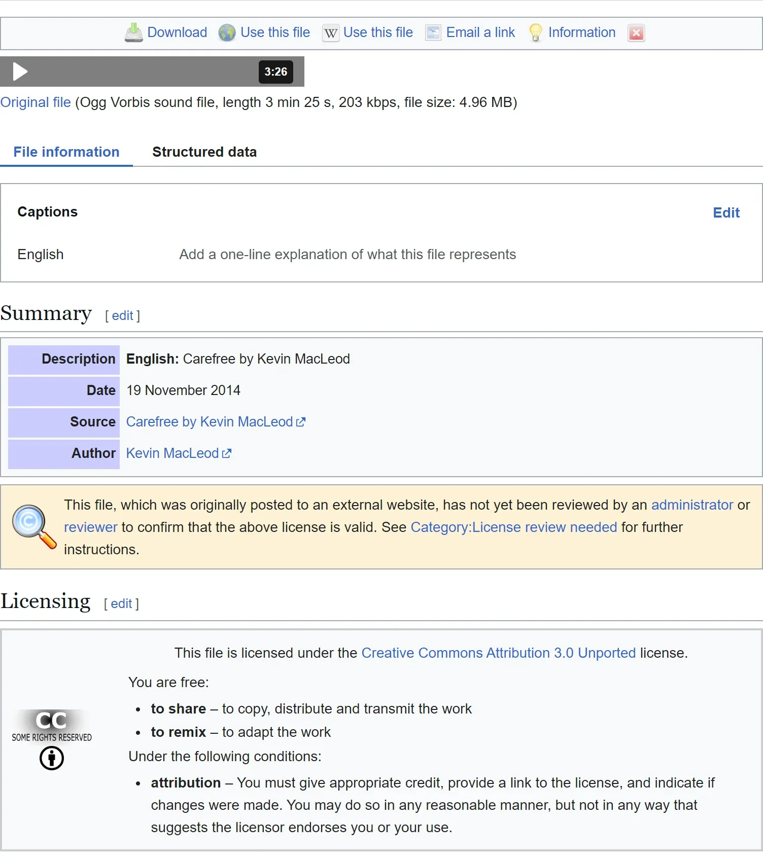Trang Wikimedia Commons của tệp Kevin MacLeod - Carefree.ogg: Ogg Vorbis dài 3 phút 25 giây, 203 kbps, 4,96 MB; mục Summary ghi tác giả Kevin MacLeod, ngày 19 November 2014; khung vàng báo tệp chưa được quản trị viên hoặc người duyệt xác nhận giấy phép; mục Licensing ghi Creative Commons Attribution 3.0 Unported với điều kiện attribution.