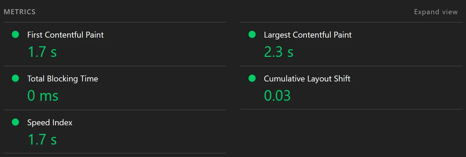 Khối METRICS trong báo cáo Lighthouse của trang gốc: First Contentful Paint 1.7 s, Largest Contentful Paint 2.3 s, Total Blocking Time 0 ms, Cumulative Layout Shift 0.03, Speed Index 1.7 s, tất cả có chấm xanh.