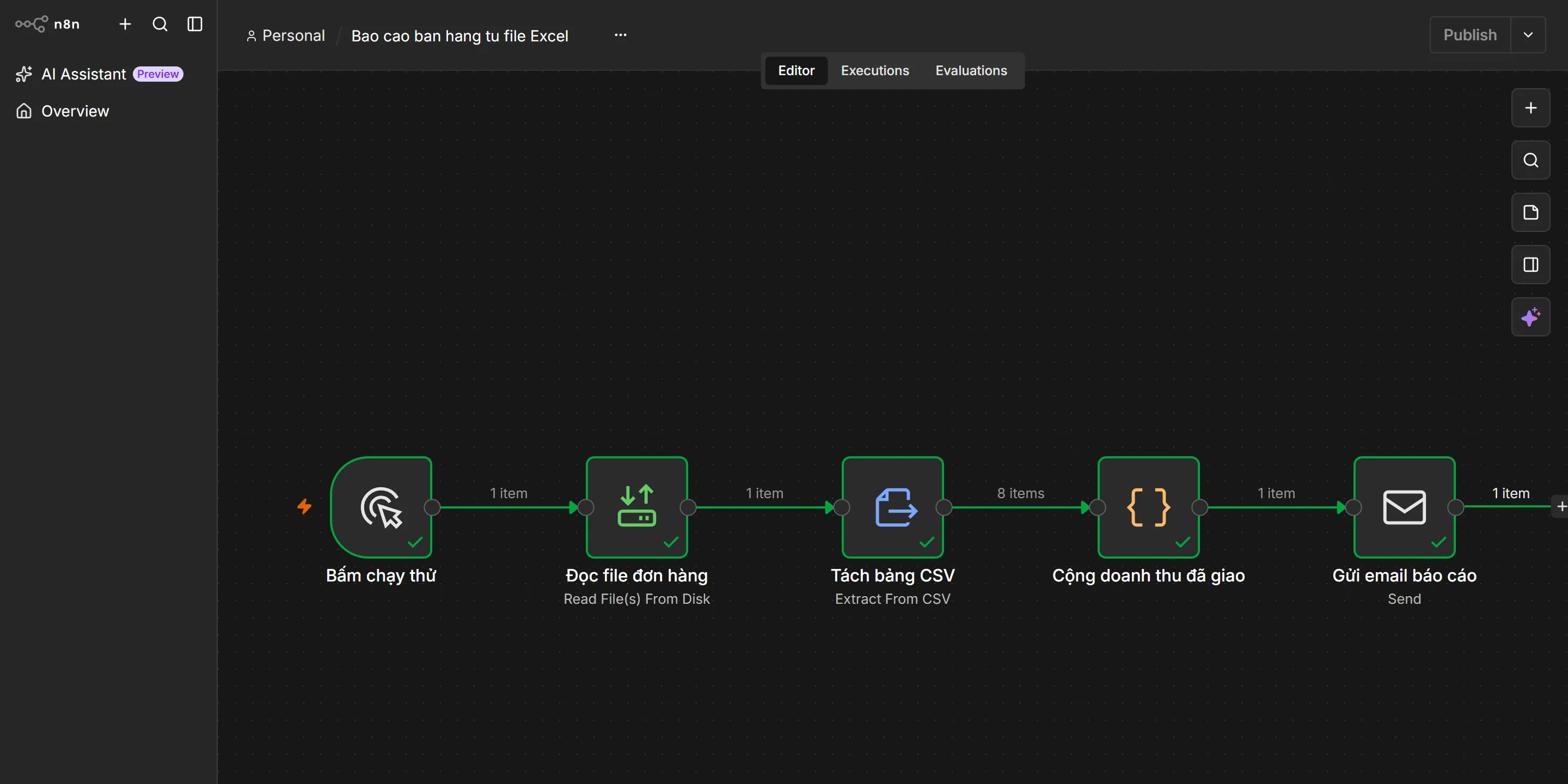 Lượt chạy thành công: cả năm node Bấm chạy thử, Đọc file đơn hàng, Tách bảng CSV, Cộng doanh thu đã giao, Gửi email báo cáo đều viền xanh có dấu tích. Các đường nối ghi lần lượt 1 item, 1 item, 8 items, 1 item, 1 item.