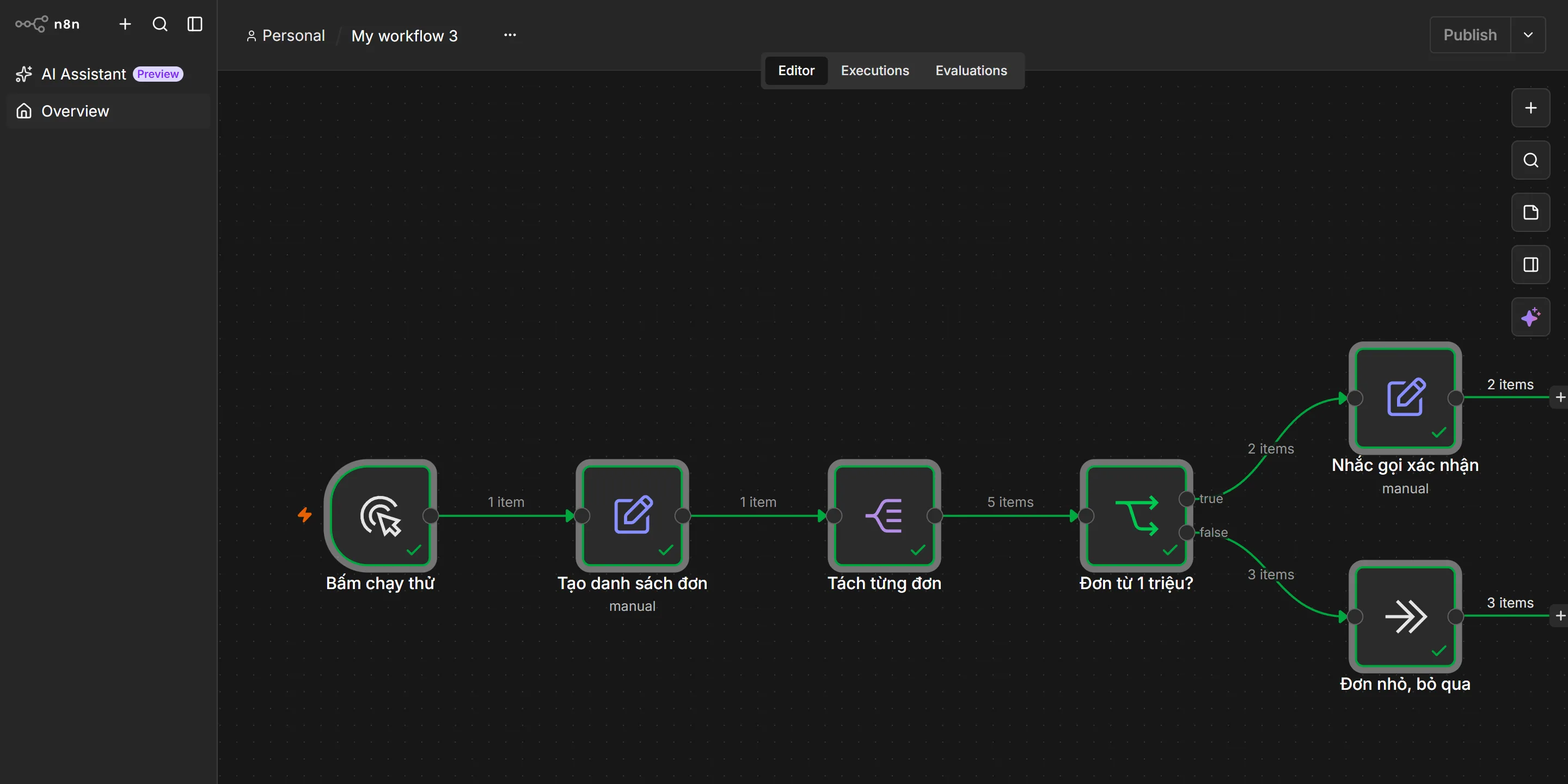 Workflow trống tên My workflow 3 sau khi dán JSON của luồng mẫu và bấm chạy: đủ sáu node với đúng tên, các đường nối ghi 1 item, 1 item, 5 items, nhánh true 2 items, nhánh false 3 items.