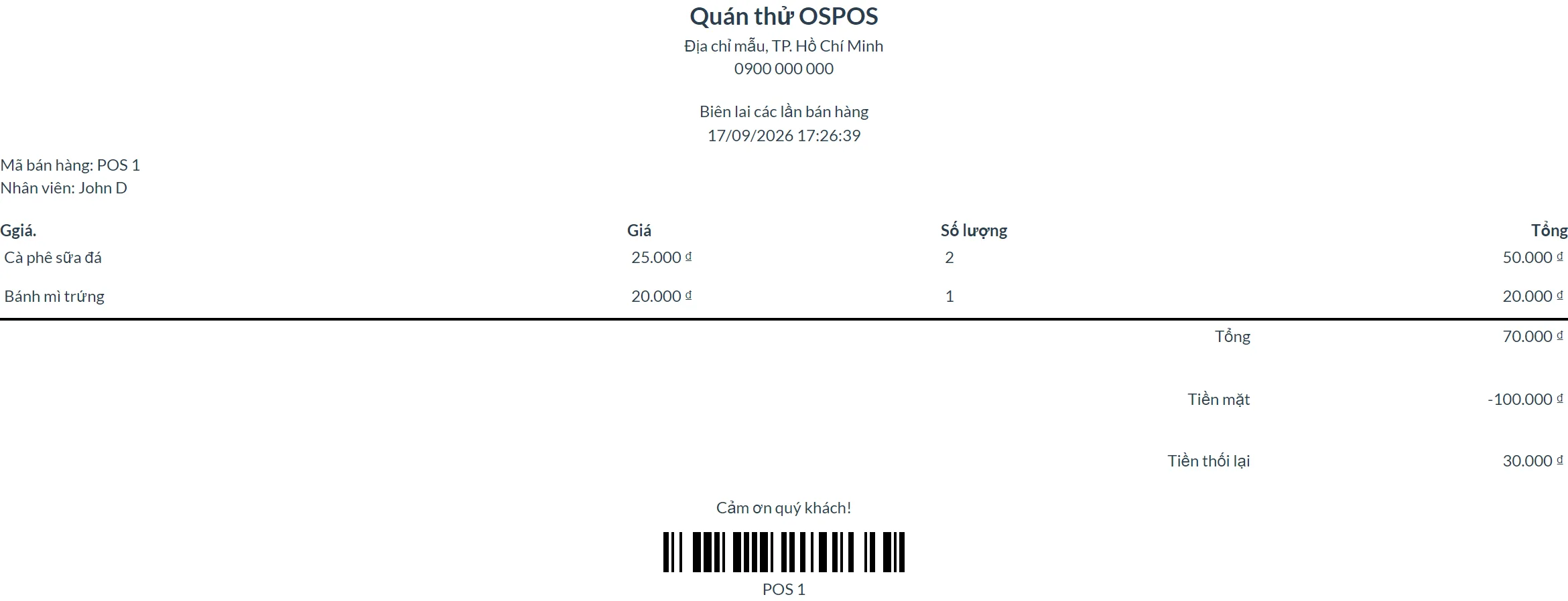 Biên lai bán hàng của Quán thử OSPOS: Mã bán hàng POS 1, nhân viên John D, Cà phê sữa đá 25.000 đồng số lượng 2 thành 50.000 đồng, Bánh mì trứng 20.000 đồng số lượng 1, Tổng 70.000 đồng, dòng Tiền mặt -100.000 đồng, Tiền thối lại 30.000 đồng, dòng Cảm ơn quý khách và mã vạch POS 1.