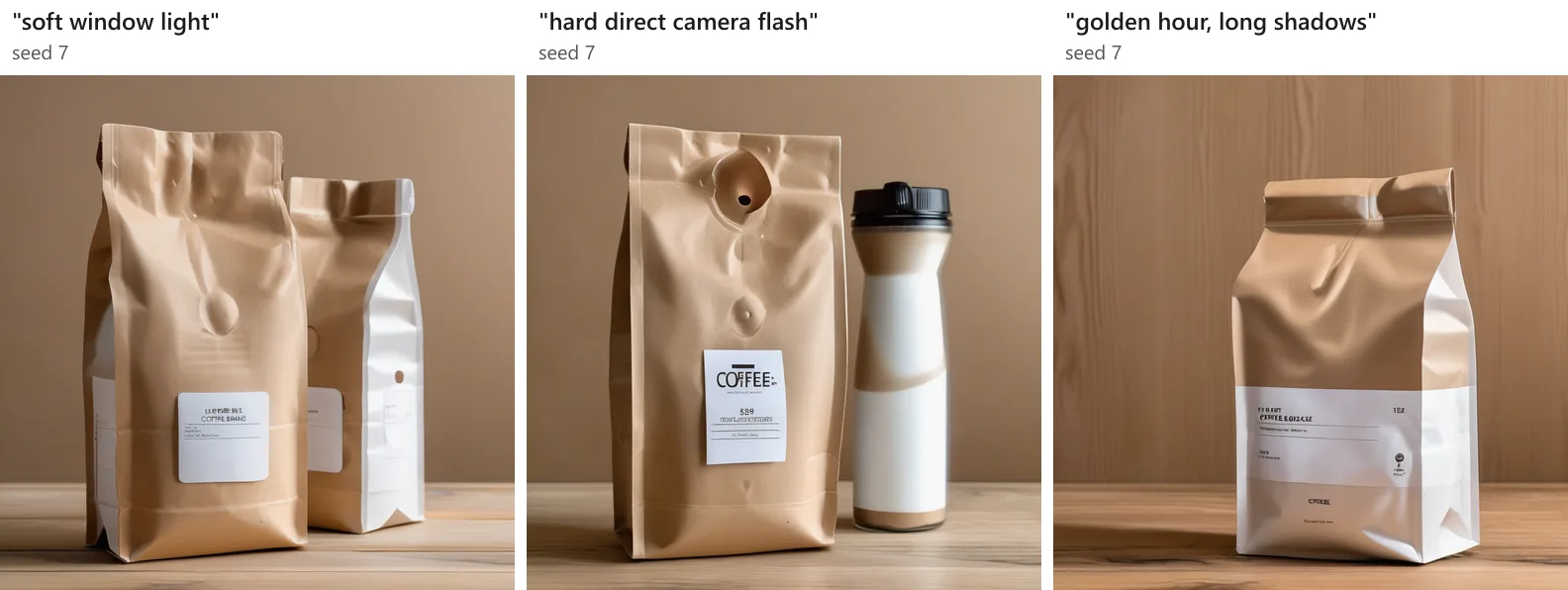 Ba ảnh túi cà phê cùng seed 7. Ảnh "soft window light" có hai túi, một kraft một trắng. Ảnh "hard direct camera flash" có túi kraft với nhãn in chữ COFFEE và một bình nước trắng nắp đen. Ảnh "golden hour, long shadows" có túi nửa kraft nửa trắng trên nền vân gỗ. Ánh sáng ba ảnh đều dịu và đều như nhau.
