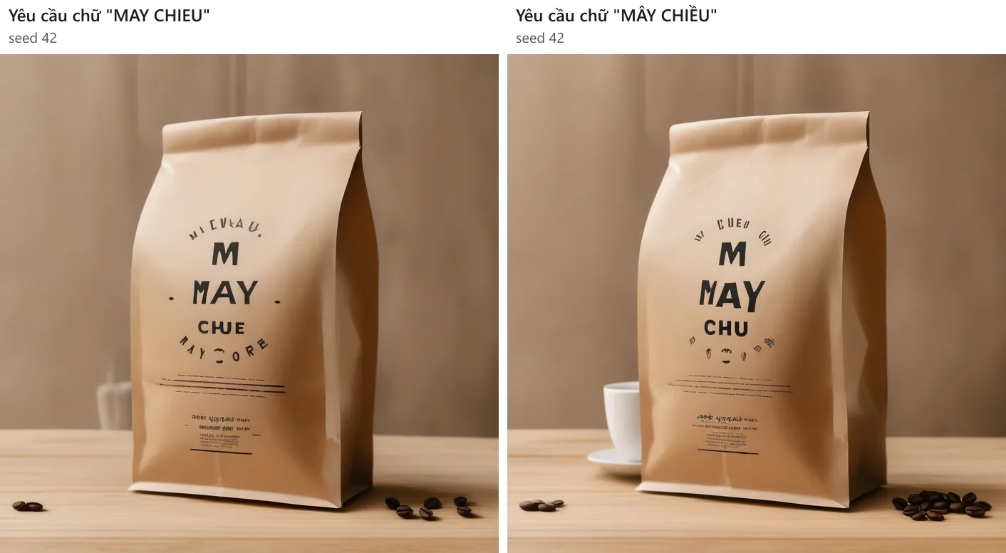 Hai túi cà phê kraft cùng seed 42. Bên trái, yêu cầu chữ "MAY CHIEU": nhãn in chữ M, MAY, CHUE và các chữ méo xếp vòng. Bên phải, yêu cầu "MÂY CHIỀU": nhãn in M, MAY, CHU, không có dấu tiếng Việt.