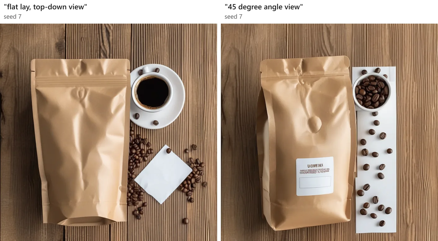 Hai ảnh cùng seed 7. Bên trái "flat lay, top-down view": túi kraft nằm trên bàn gỗ nhìn từ trên xuống, bên cạnh có tách cà phê, hạt và một tấm thẻ trắng. Bên phải "45 degree angle view": túi vẫn nằm phẳng nhìn từ trên xuống, hạt cà phê rải trên dải giấy trắng.