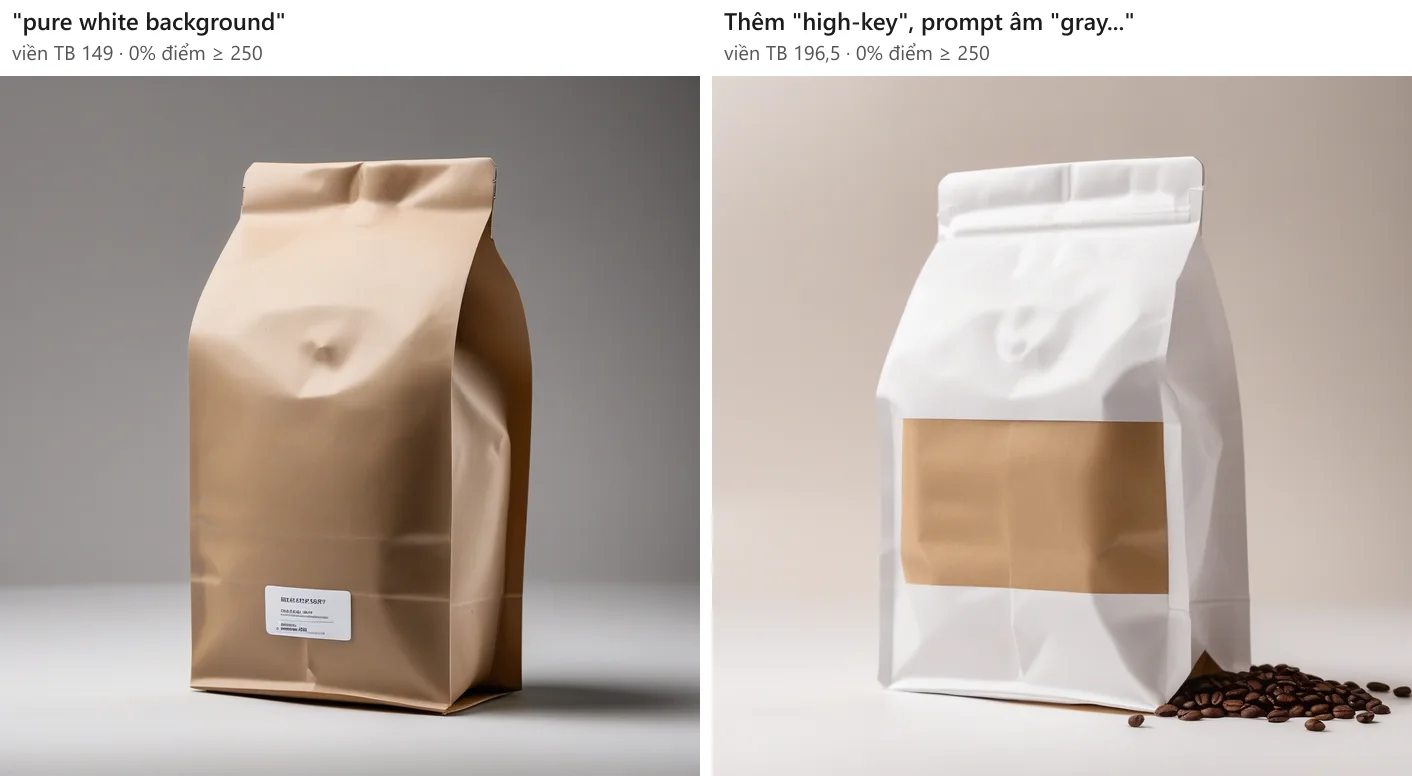 Hai ảnh túi cà phê. Bên trái, prompt "pure white background": nền xám chuyển màu, viền trung bình 149, 0% điểm gần trắng. Bên phải, thêm "high-key" và prompt âm "gray background": nền be nhạt sáng hơn, viền trung bình 196,5, vẫn 0% điểm gần trắng; túi thành màu trắng, ô giữa màu kraft, có hạt cà phê.