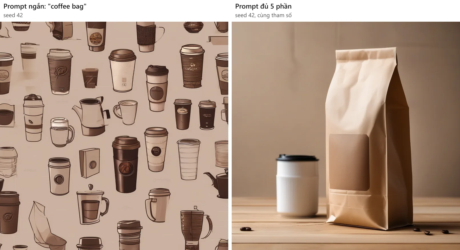 Hai ảnh SDXL cùng seed 42. Bên trái, prompt ngắn "coffee bag": hình minh hoạ lặp lại nhiều cốc giấy, bình và ly vẽ nét trên nền hồng nâu, không có túi cà phê. Bên phải, prompt đủ 5 phần: túi giấy kraft đứng trên bàn gỗ sáng, tường be, nhãn màu nâu nhạt, vài hạt cà phê và một lọ trắng nắp đen bên cạnh.