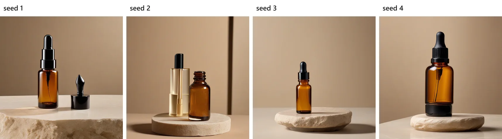 Bốn ảnh chai serum từ cùng một prompt, seed 1 đến 4. Seed 1: chai nâu có ống nhỏ giọt, cạnh đó một nắp đen rời trên phiến đá. Seed 2: hai chai, một chai trong suốt và một chai nâu không có ống nhỏ giọt. Seed 3: chai nâu nhỏ có ống nhỏ giọt đứng trên đế đá tròn. Seed 4: chai nâu to hơn hẳn, đế đen, đứng trên đế đá.