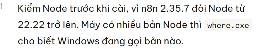 Bước thứ hai của bài cài n8n trên trang đã đăng, chụp trước khi sửa bộ hiển thị: dòng "Kiểm Node trước khi cài, vì n8n 2.35.7 đòi Node từ 22.22 trở lên" đứng cạnh con số 1 thay vì 2. Trong nguồn bài, bước này ghi rõ số 2; khối mã chen giữa hai bước làm bộ hiển thị đếm lại từ đầu.