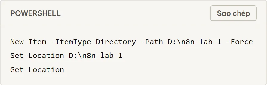 Một khối mã trên trang bài đã đăng của hstation.net: nhãn POWERSHELL ở góc trái, nút Sao chép ở góc phải, bên dưới là ba lệnh New-Item, Set-Location và Get-Location. Đây là thứ phải mở trang thật ra xem mới biết có hiện đúng hay không — bản nháp Markdown chỉ có ba dấu huyền.