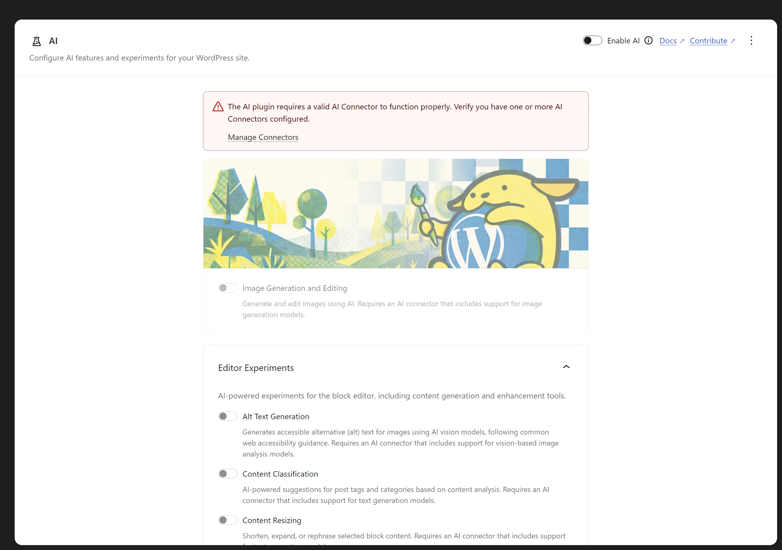 Trang cài đặt của plugin AI trong wp-admin: tiêu đề AI, dòng Configure AI features and experiments for your WordPress site, công tắc Enable AI ở góc phải đang tắt. Khung viền đỏ ghi The AI plugin requires a valid AI Connector to function properly. Verify you have one or more AI Connectors configured, kèm liên kết Manage Connectors. Bên dưới là ảnh minh hoạ, công tắc mờ Image Generation and Editing, và mục Editor Experiments với các công tắc mờ Alt Text Generation, Content Classification, Content Resizing.