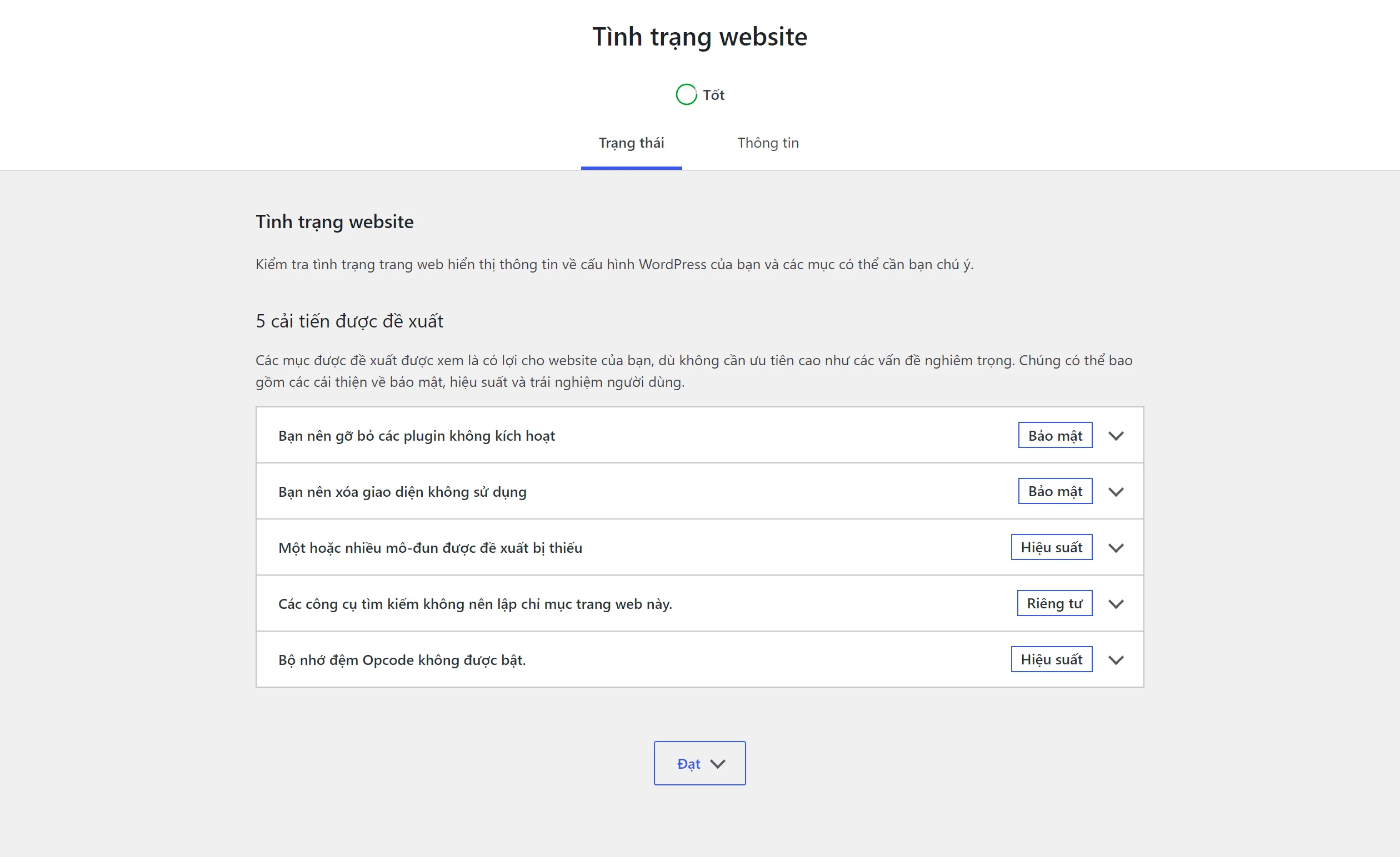 Màn hình Công cụ → Tình trạng website của WordPress 7.1, tab Trạng thái, chấm xanh ghi Tốt và mục 5 cải tiến được đề xuất gồm gỡ plugin không kích hoạt, xóa giao diện không sử dụng, thiếu mô-đun được đề xuất, công cụ tìm kiếm không nên lập chỉ mục trang web này, Bộ nhớ đệm Opcode không được bật