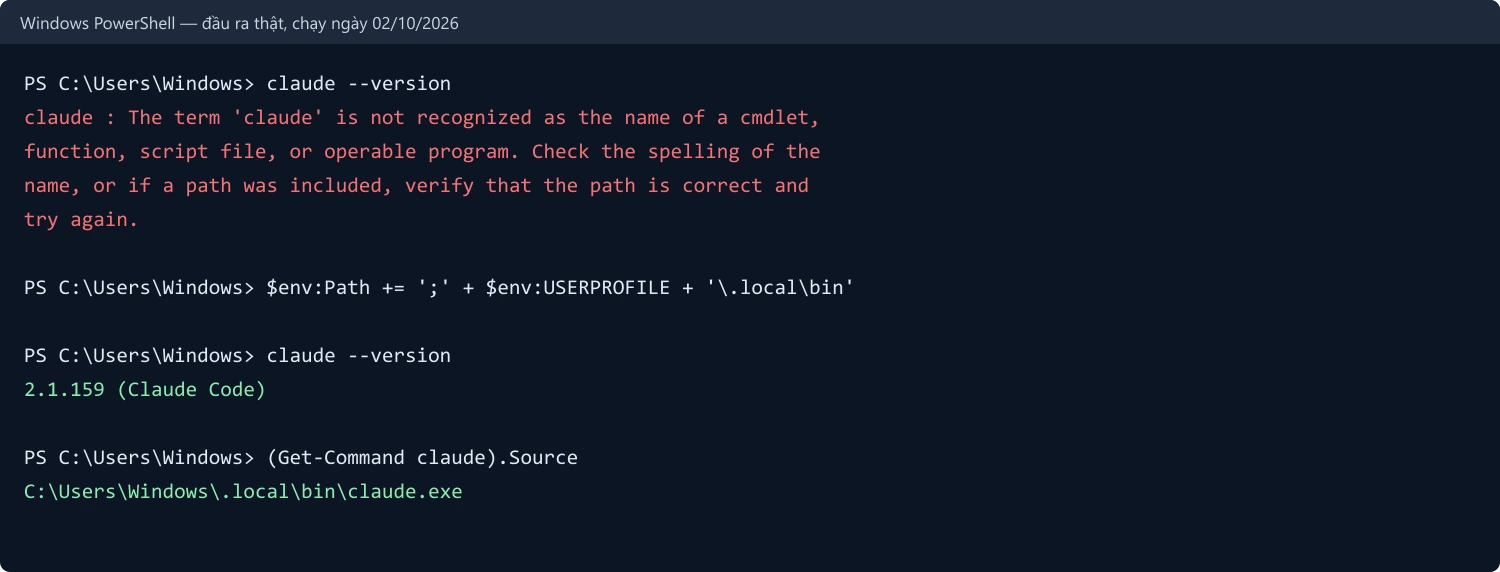 Cửa sổ PowerShell, đầu ra thật chạy ngày 02/10/2026 trên máy viết bài. Gõ claude --version thì báo lỗi màu đỏ: The term 'claude' is not recognized as the name of a cmdlet, function, script file, or operable program. Sau khi thêm thư mục .local\bin vào biến Path của phiên đó, gõ lại claude --version thì in 2.1.159 (Claude Code), và lệnh Get-Command claude cho thấy tệp nằm ở C:\Users\Windows\.local\bin\claude.exe.